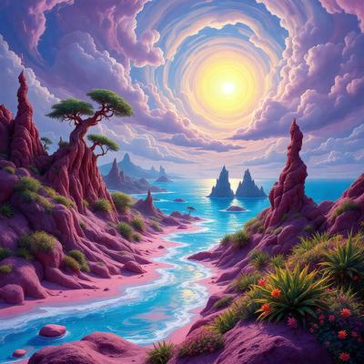 The primary subject of the image is a beautiful landscape featuring a river flowing through a valley with a tree in the foreground. The setting is a picturesque mountainous area with a sunset in the background. The visual style of the image is a combination of digital art and illustration, creating a vibrant and colorful scene. The dominant colors in the image are pink, purple, and blue, giving the landscape a serene and dreamy atmosphere.